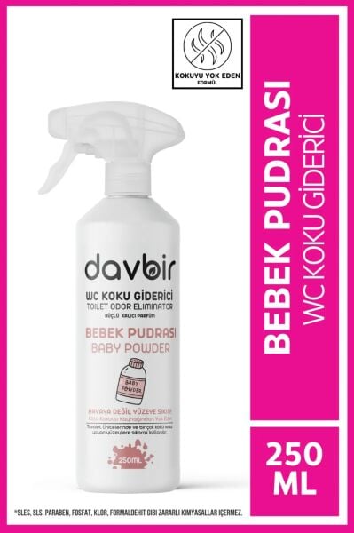 DAVBİR Bebek Pudrası Kokulu WC Kötü Koku Giderici Ultra Kalıcı Yüzey Parfümü 250 ml.