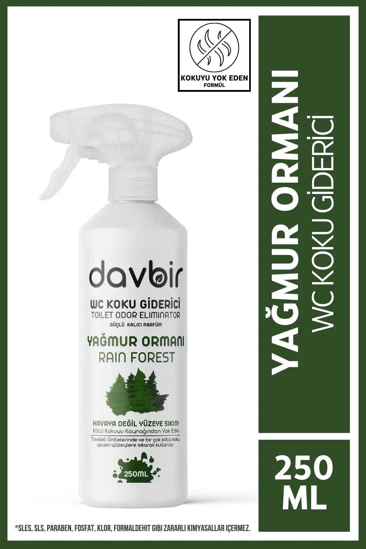 DAVBİR Yağmur Orman Kokulu WC Kötü Koku Giderici Ultra Kalıcı Yüzey Parfümü 250 ml.
