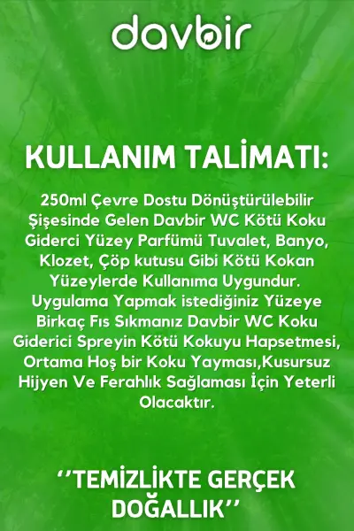 DAVBİR Yağmur Orman Kokulu WC Kötü Koku Giderici Ultra Kalıcı Yüzey Parfümü 250 ml.